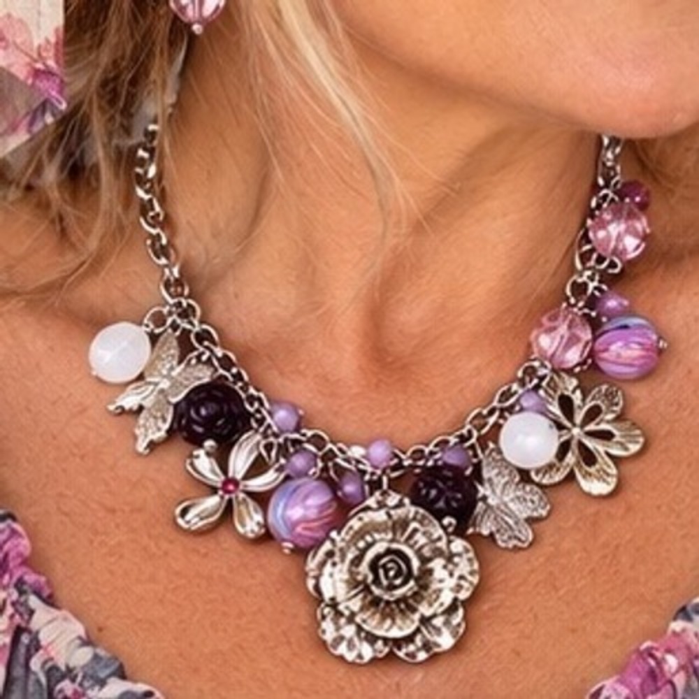 NY Butterfly Floral Necklace Purple Pink Beaded Charm Link 12" Whimsy Romantic